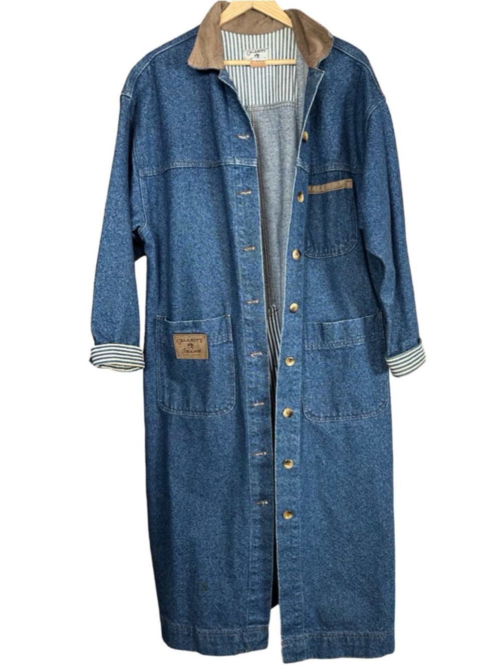 Vintage Calamity Jeans Blue Denim Western Chore Work Long Button Coat Size Large